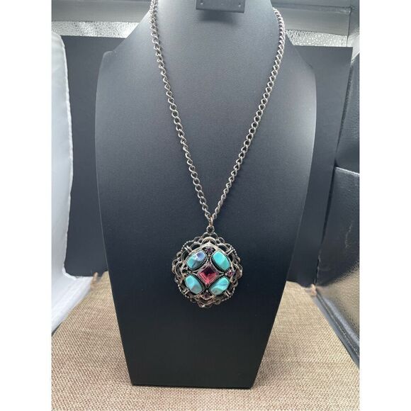Statement Costume Pendant Necklace with Faux Turquoise and amethyst Stones Rodeo - Picture 7 of 7